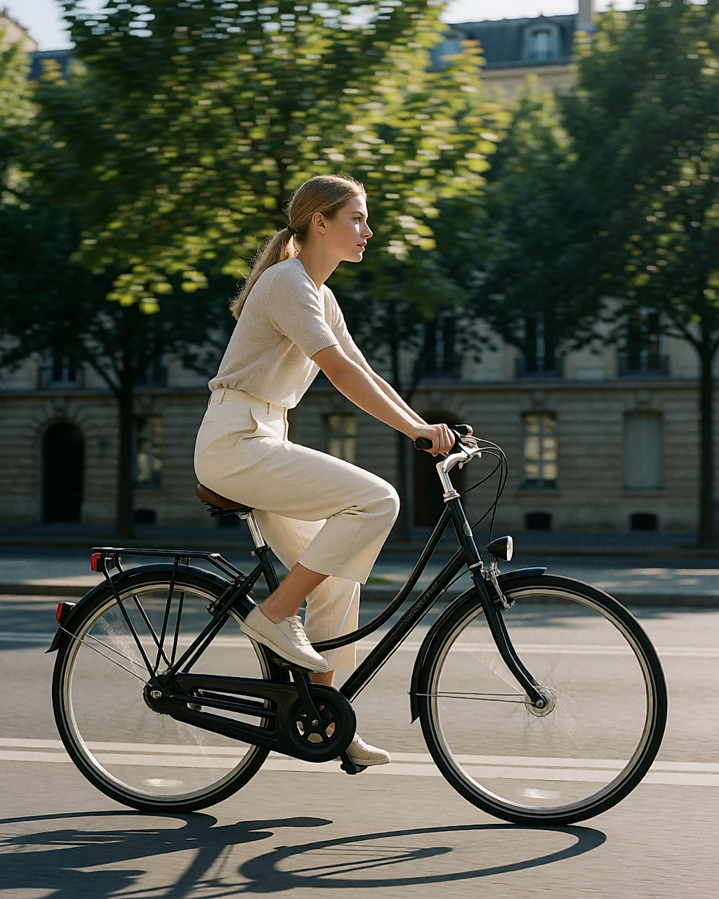 Jeune femme à vélo sur une piste cyclable citadine, lumière douce du matin