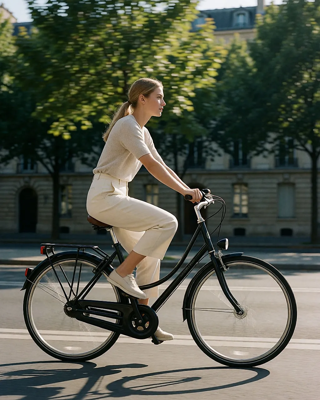Junge Frau auf dem Fahrrad auf einem städtischen Radweg, sanftes Morgenlicht