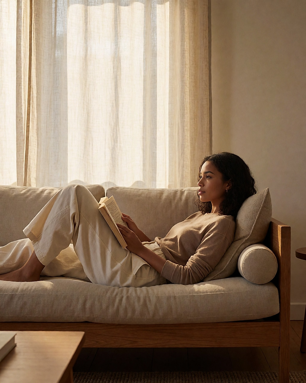 Jeune femme allongée sur un canapé, jambes surélevées sur un coussin, en pleine lecture