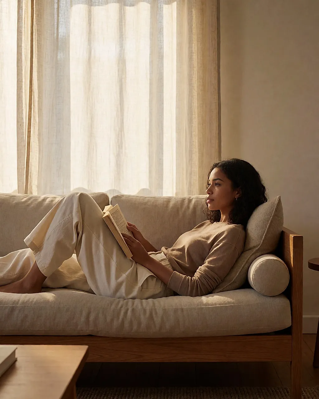 Junge Frau liegt auf einem Sofa, Beine auf einem Kissen erhöht, beim Lesen