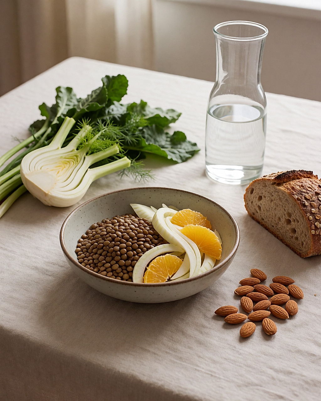 Nature morte de légumineuses, légumes frais, pain complet et carafe d'eau sur une nappe de lin