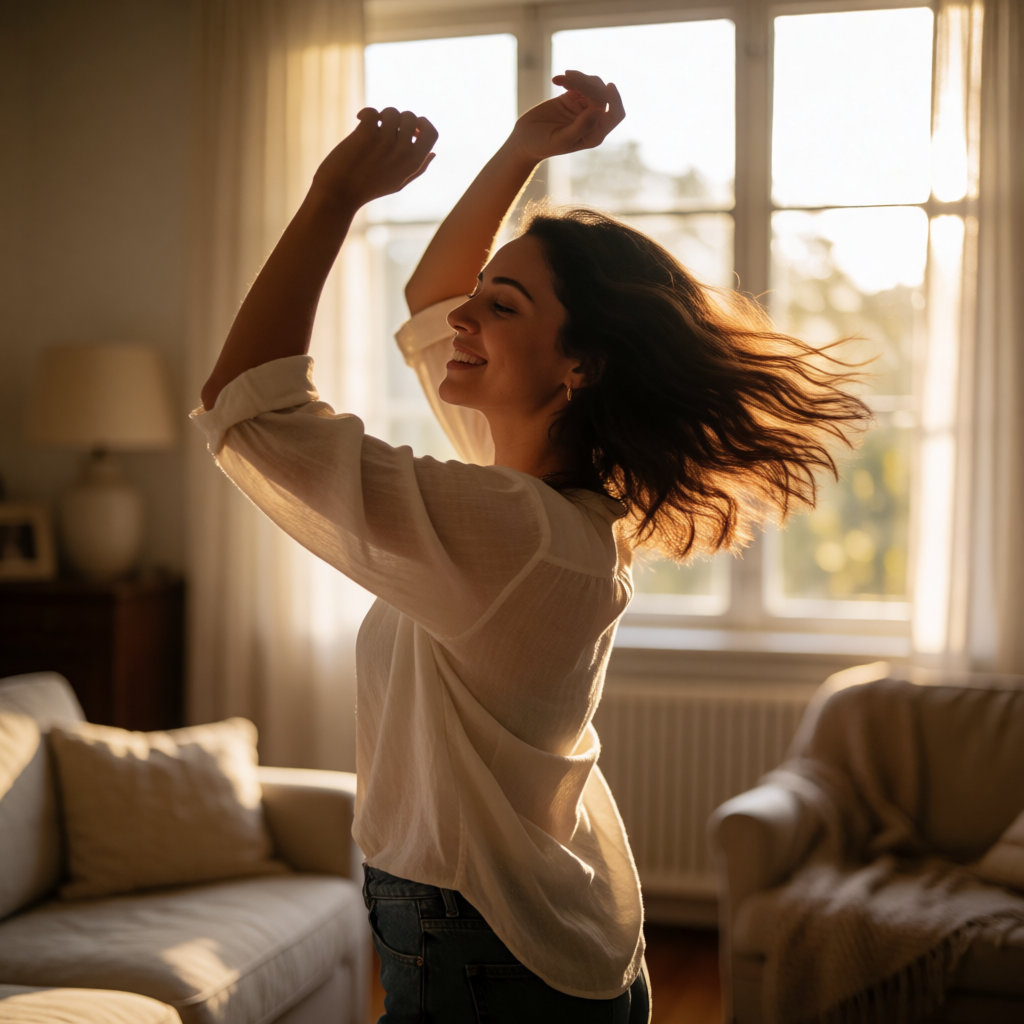 Une femme danse seule dans son salon, bras levés, dans la lumière chaude de l'après-midi