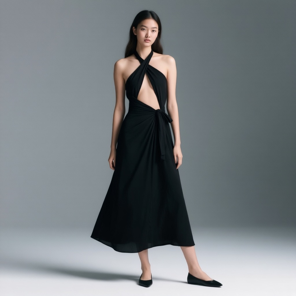 Robe portefeuille mi-longue noire à encolure licou et dos nu, ceinture nouée (ASOS DESIGN)