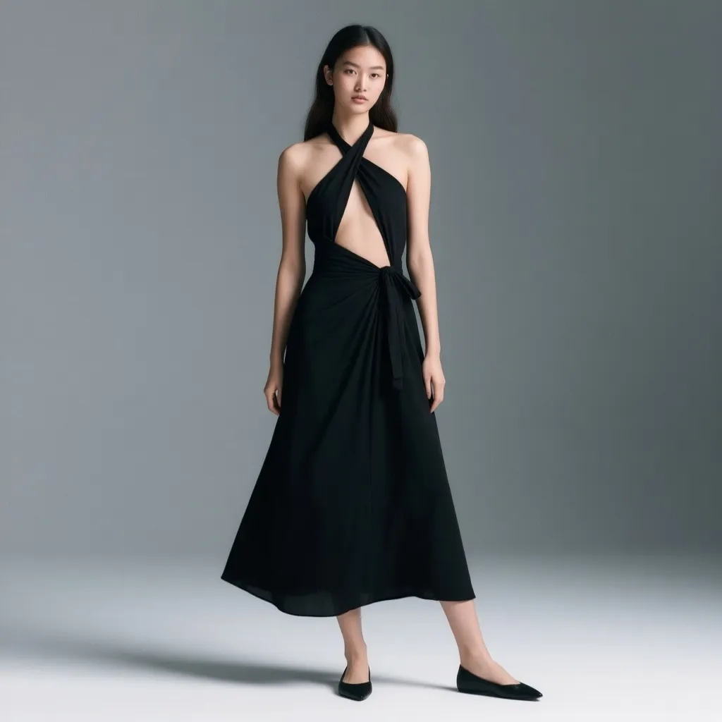 Vestido midi negro tipo envolvente con escote halter y espalda abierta, cinturón anudado (ASOS DESIGN)