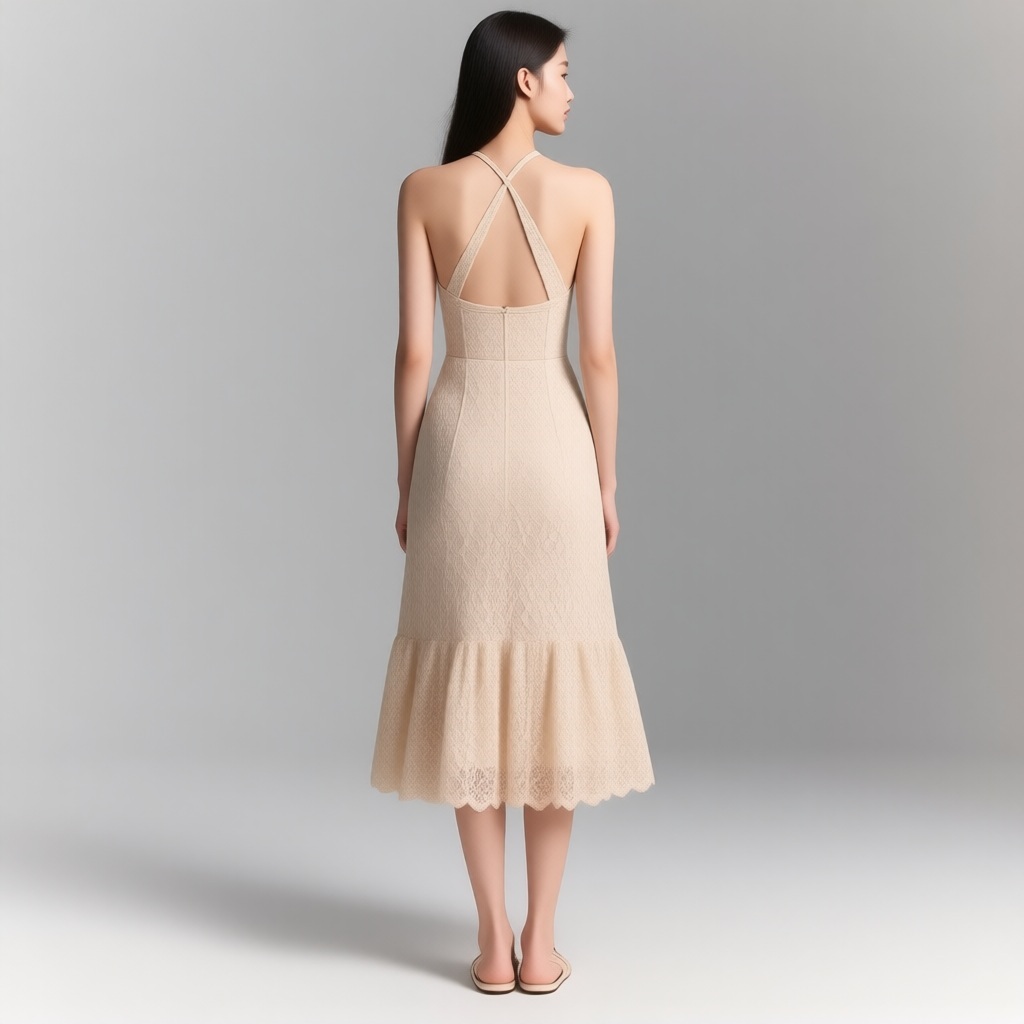 Robe midi beige en dentelle, encolure licou et dos nu (Bershka)