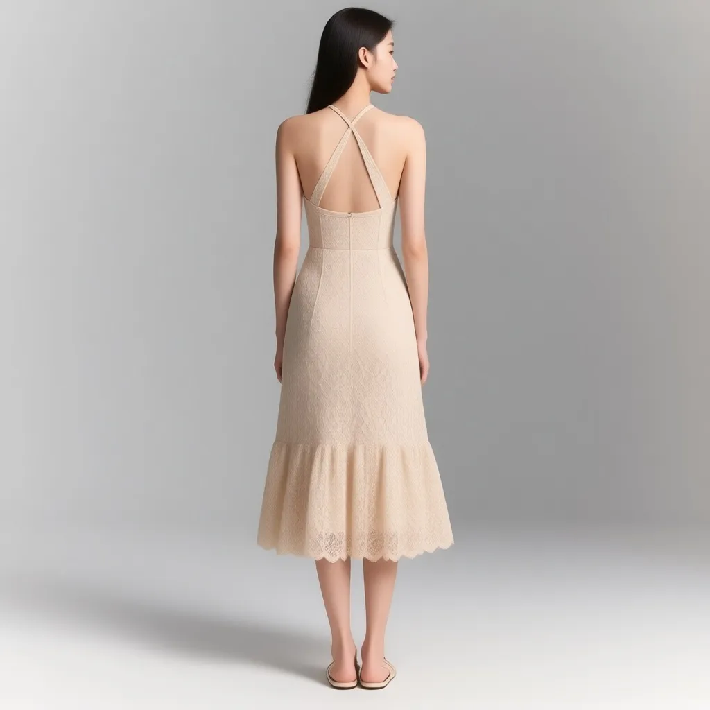 Vestido midi beige de encaje, escote halter y espalda abierta (Bershka)