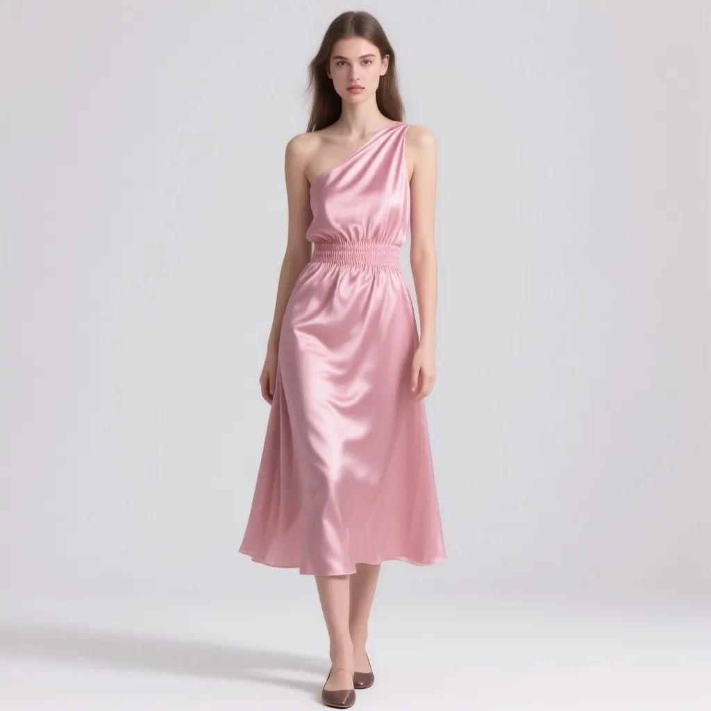 Vestido midi de satén rosa de un hombro (Mango)
