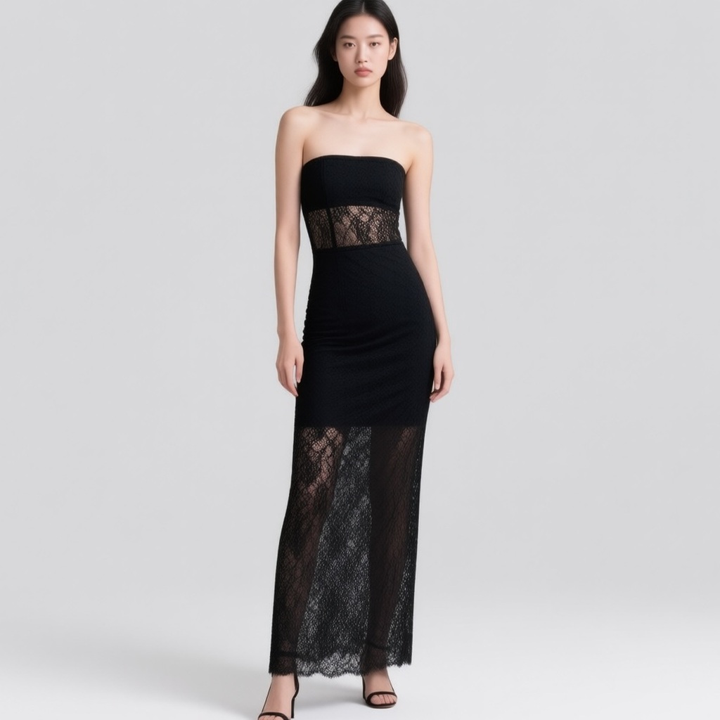 Robe longue bandeau noire en dentelle double épaisseur, ourlet transparent (Kaiia)