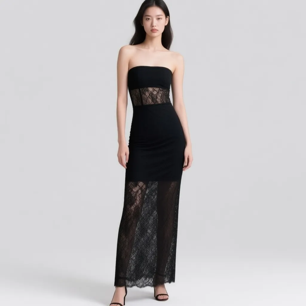 Vestido largo palabra de honor negro de encaje de doble capa, bajo transparente (Kaiia)
