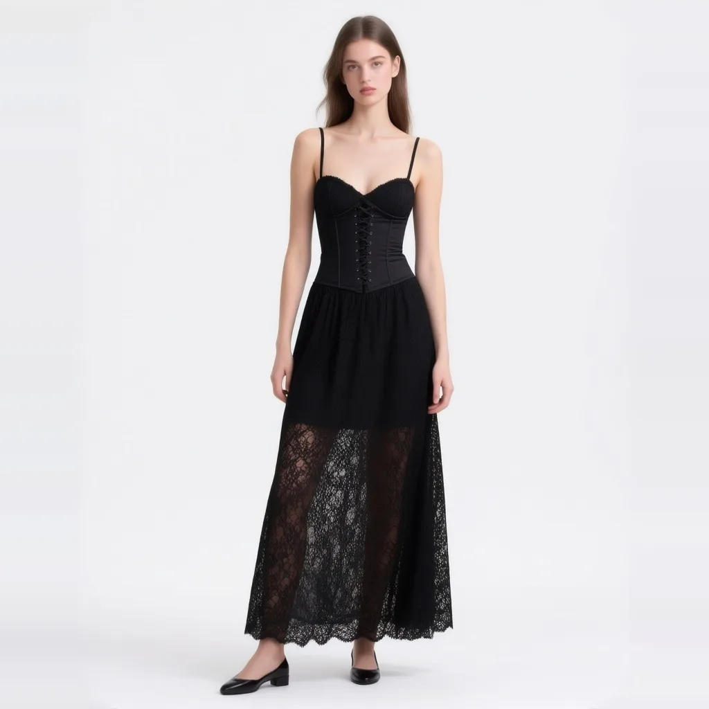 Vestido largo negro de encaje con cintura corsetera y tirantes finos (Murci)