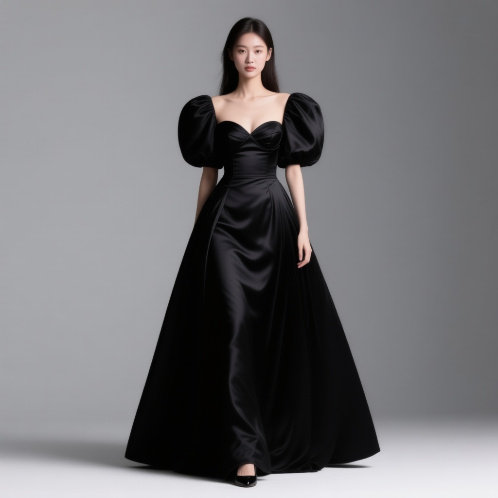 Robe de soirée noire en taffetas à décolleté cœur et manches bouffantes (Lace & Beads)