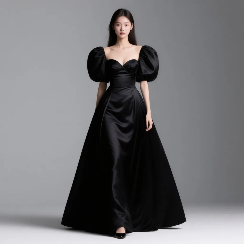 Vestido de fiesta negro de tafetán con escote corazón y mangas abullonadas (Lace & Beads)