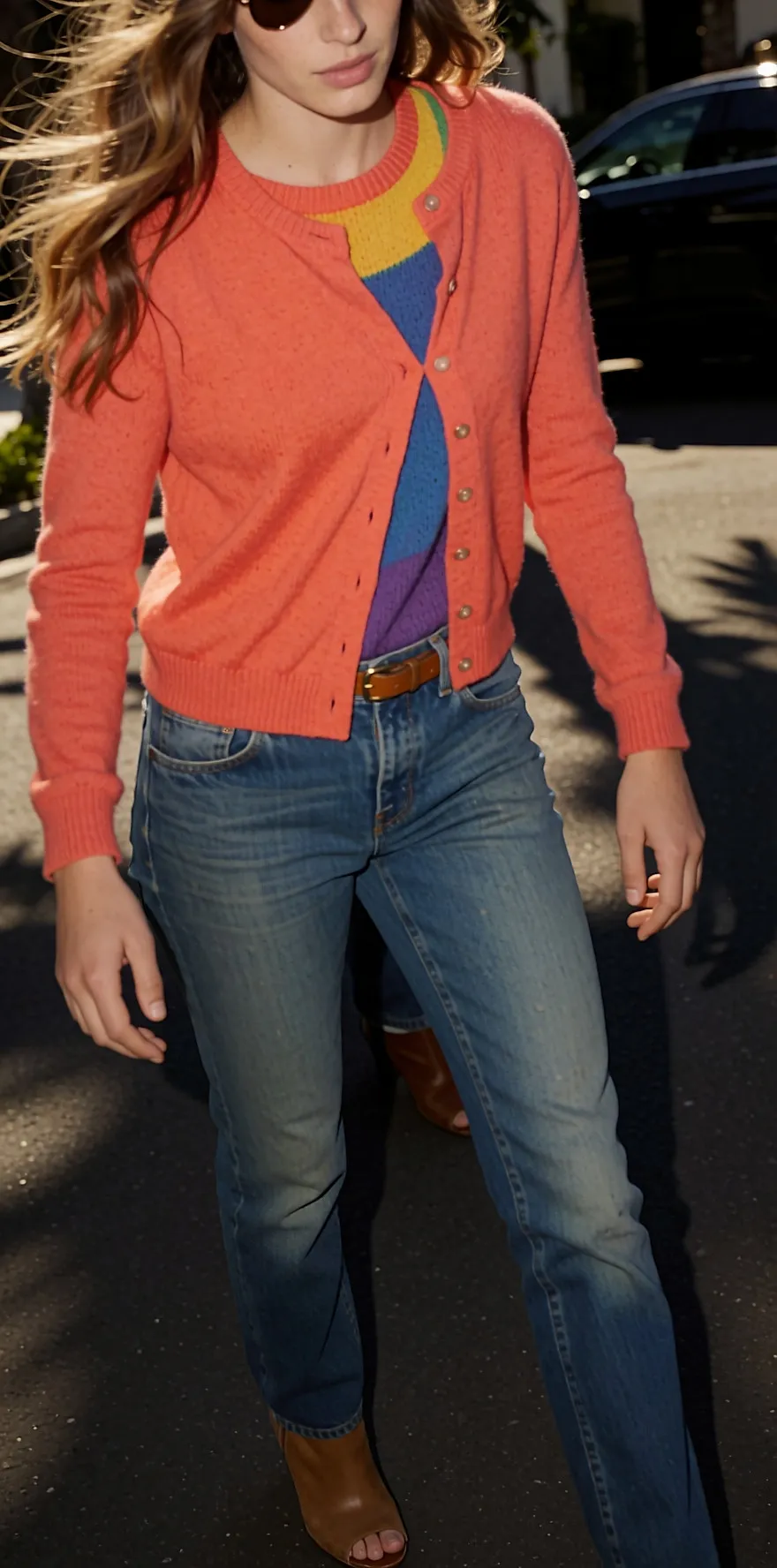 Junge Frau in heller Jeans, farbigem Top und offenen Boots, Aviator-Brille hochgeschoben, sonnige Straße