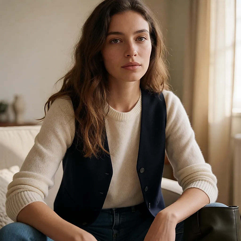Jovem mulher com calças slim e top comprido cingido, cardigan aberto, botas