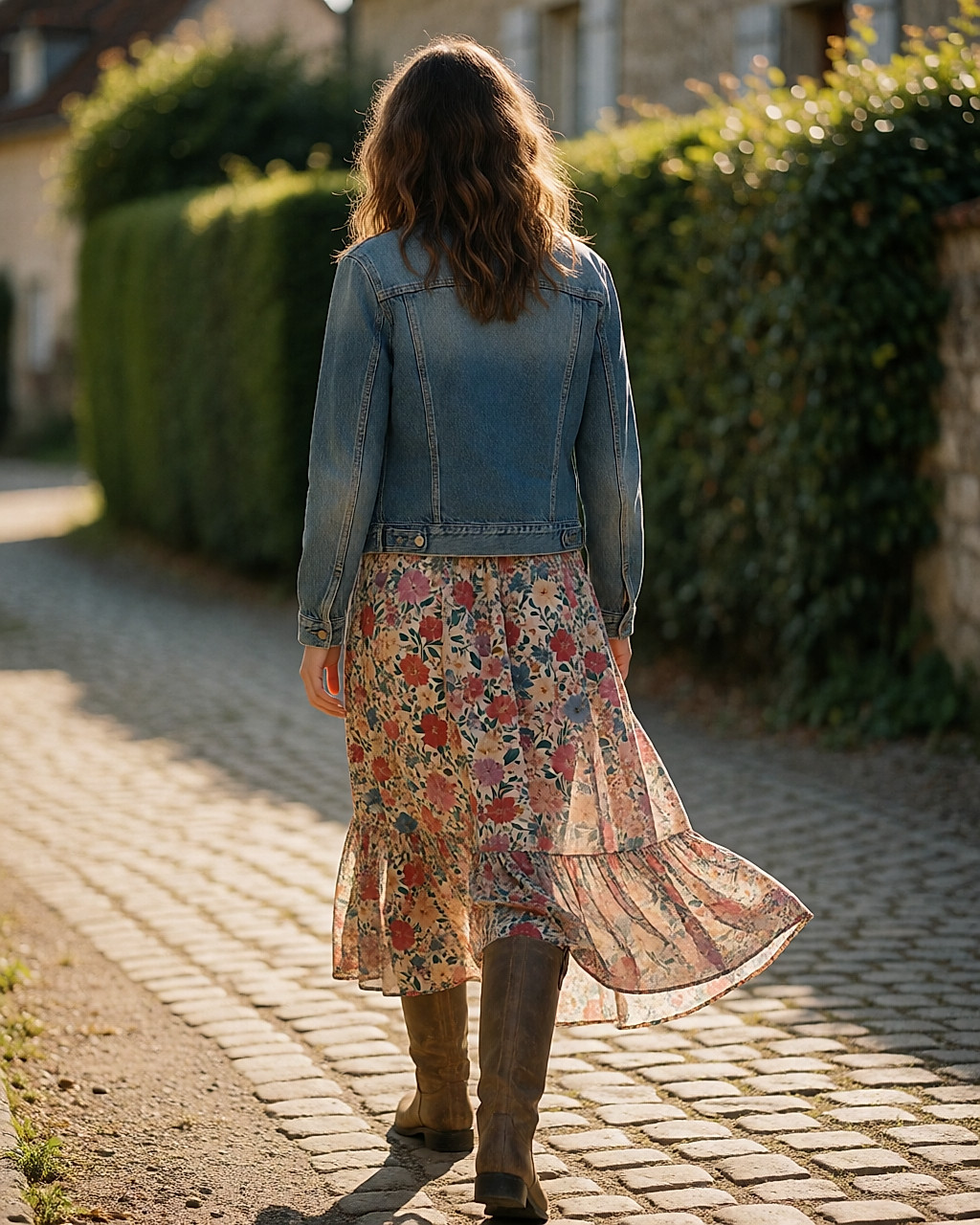 Woman seen from behind in a long floral dress, raw denim gilet and riding boots, in a cobbled alley