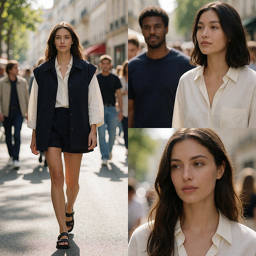 Young woman in an oversized jacket and mini shorts, strappy sandals, walking along a busy street