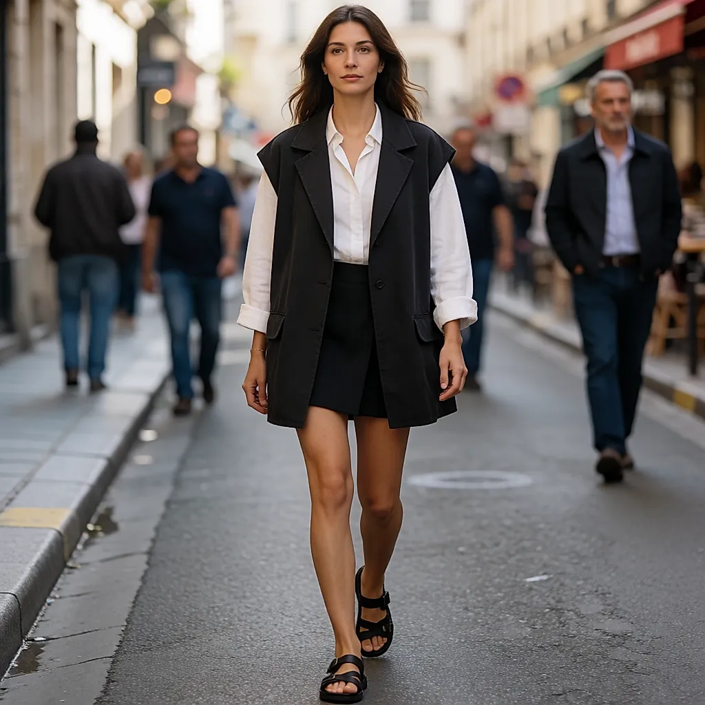 Junge Frau in Oversize-Jacke und Hotpants, Riemchensandalen, in einer belebten Straße