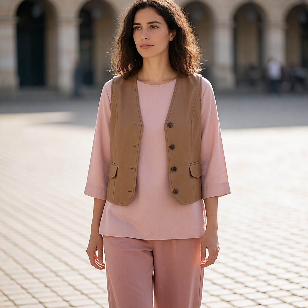 Junge Frau in altrosa Hose, Tunika in zartem Rosa und Lederjacke in warmem Braun auf einem sonnigen Platz