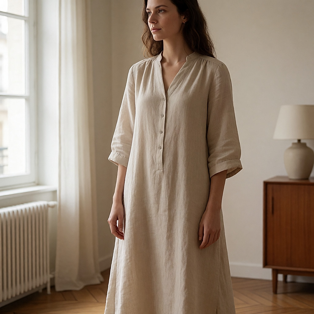 Junge Frau in fließendem Kleid aus sandfarbenem Leinen in einem hellen Raum, der den Fall des Stoffes zeigt