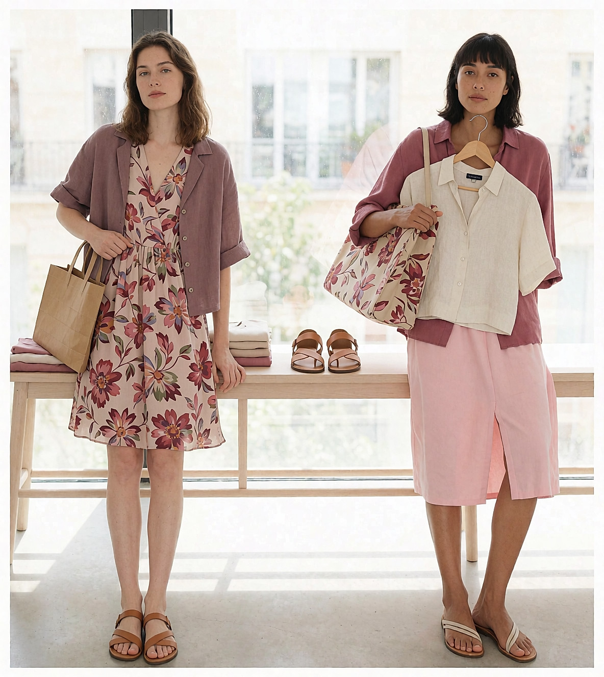 Still-life summer wardrobe: folded linen blouse, fluid printed dress, flat leather sandals and a recycled-paper tote