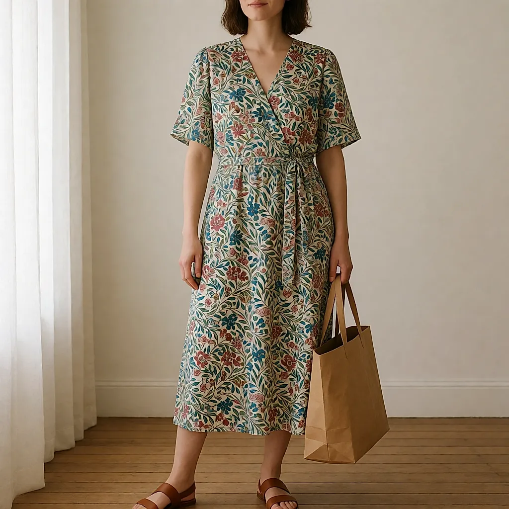Sommergarderobe als Stillleben: gefaltete Leinenbluse, fließendes gemustertes Kleid, flache Ledersandalen und Tragetasche aus Recyclingpapier