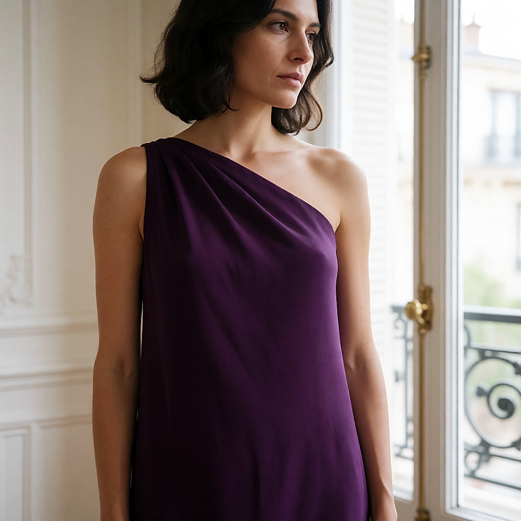 Vestido longo assimétrico ameixa de uma só alça, usado num apartamento claro