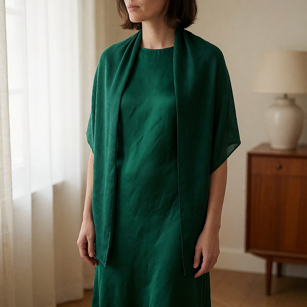Vestido midi em seda verde-esmeralda usado numa festa íntima, xaile de seda sobre os ombros