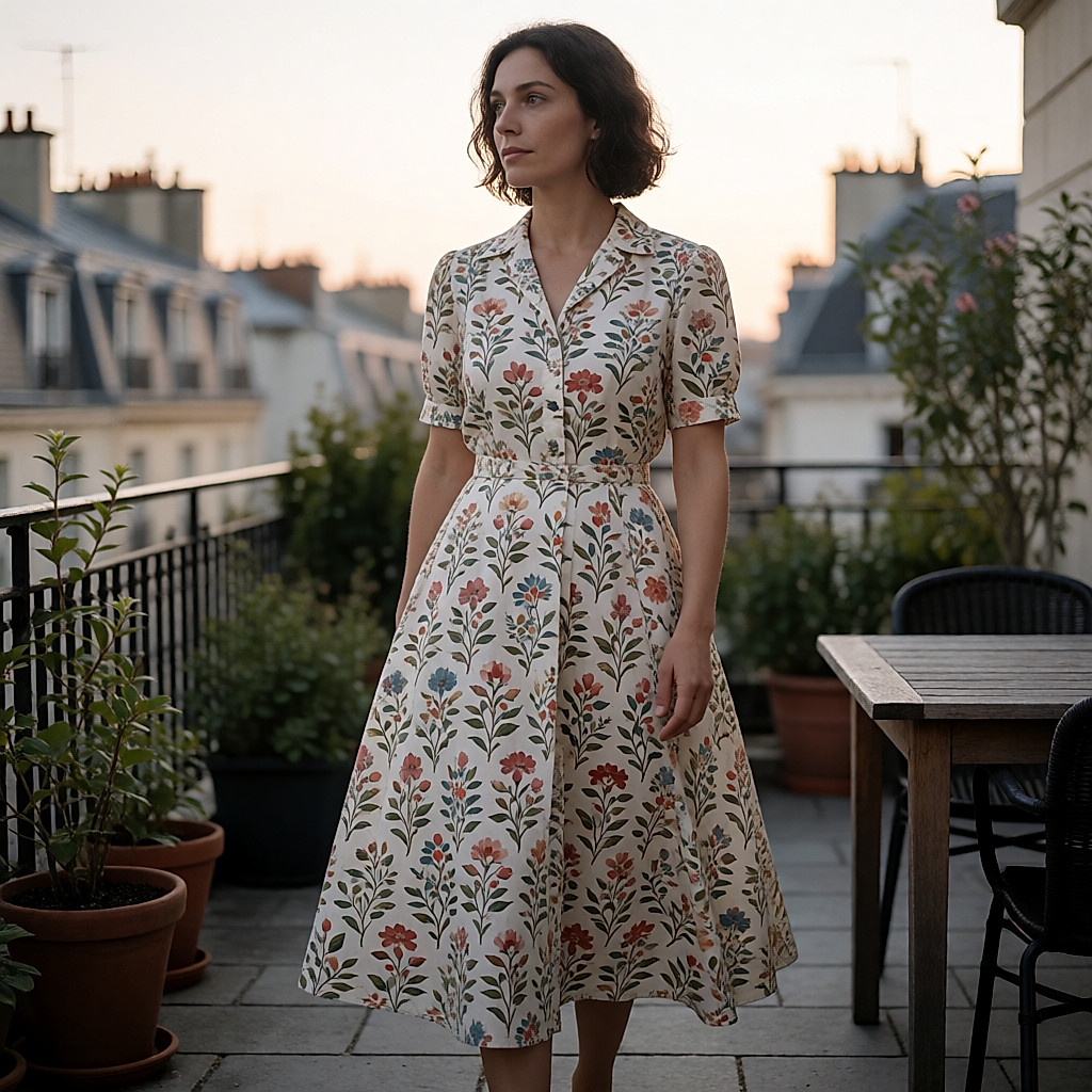 Vestido curto estampado de saia evasê, usado num terraço urbano ao cair do dia