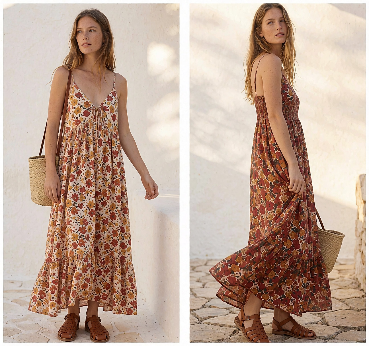 Femme en robe longue bohème imprimé floral rouille et crème, debout sur un chemin à l'heure dorée