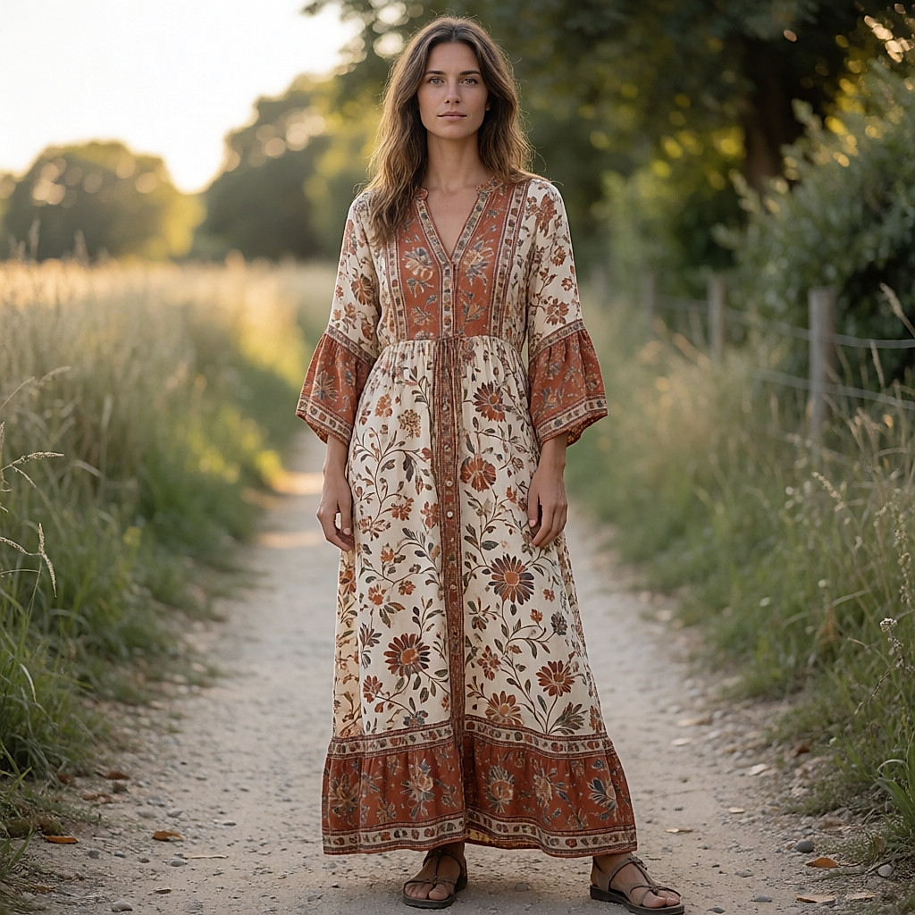 Mulher com vestido longo boho de padrão floral ferrugem e creme, de pé num caminho à hora dourada