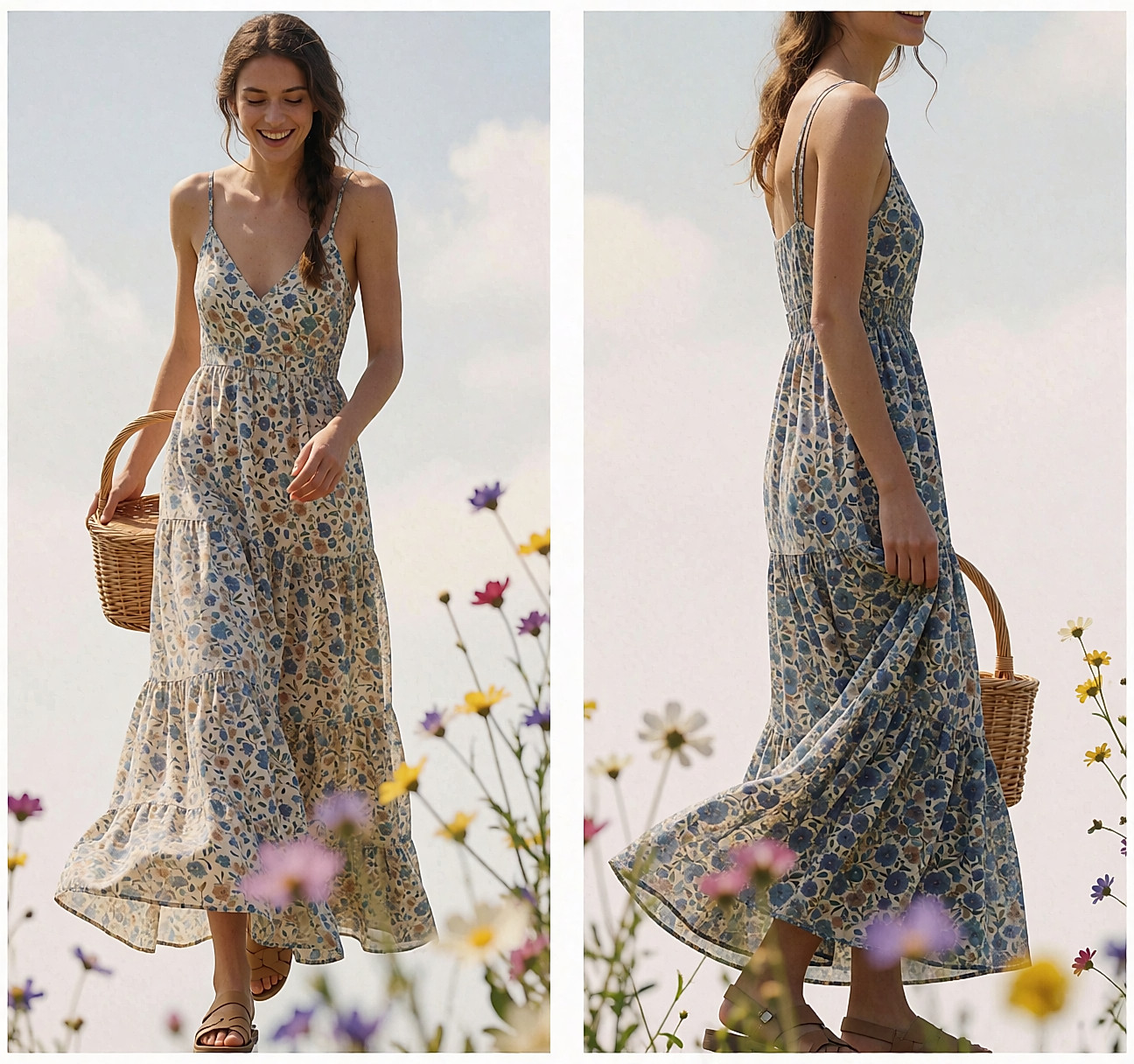 Robe longue bohème imprimé floral bleu et écru portée dans une prairie en plein été