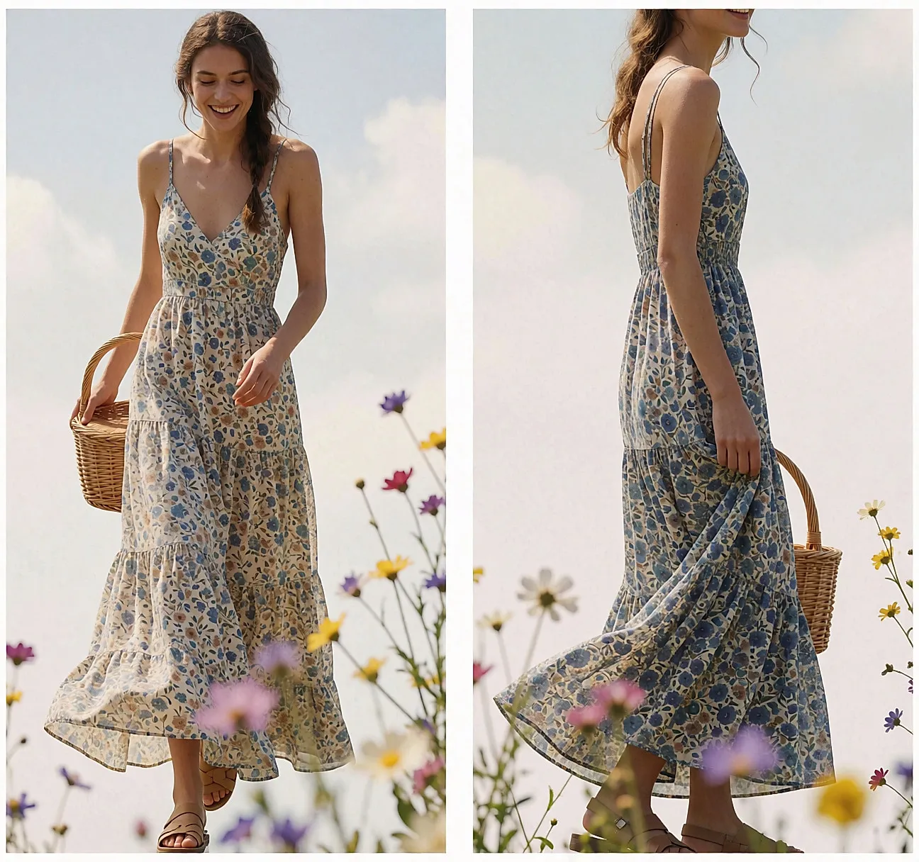 Vestido longo boho com padrão floral azul e cru, usado num prado em pleno verão