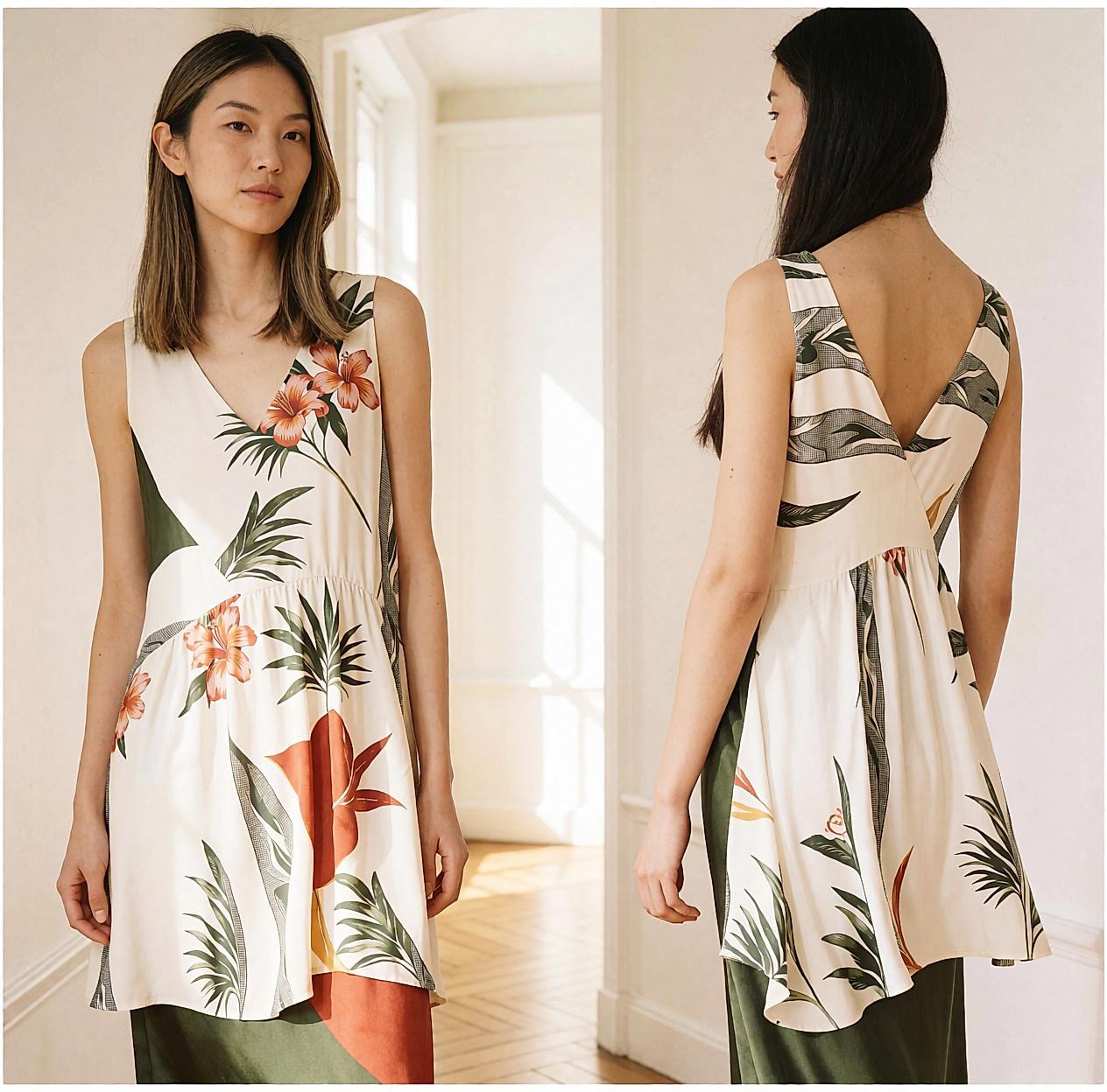 Robe longue colonne en viscose satinée vert olive, portée dans un couloir baigné de lumière
