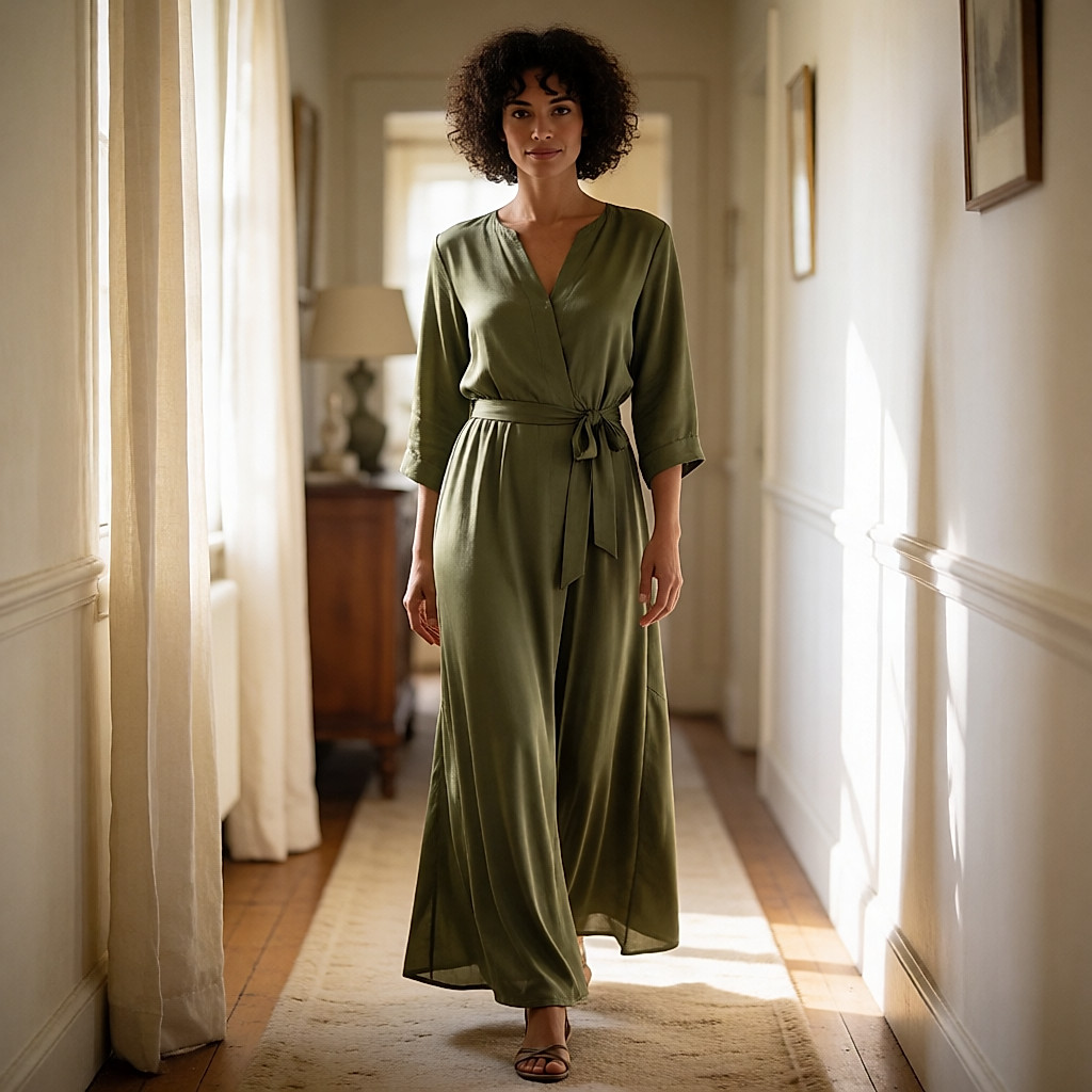 Vestido longo coluna em viscose acetinada verde azeitona, usado num corredor cheio de luz
