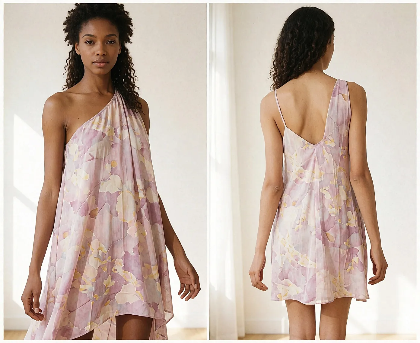 Vestido longo assimétrico ameixa de uma só alça, usado num apartamento claro