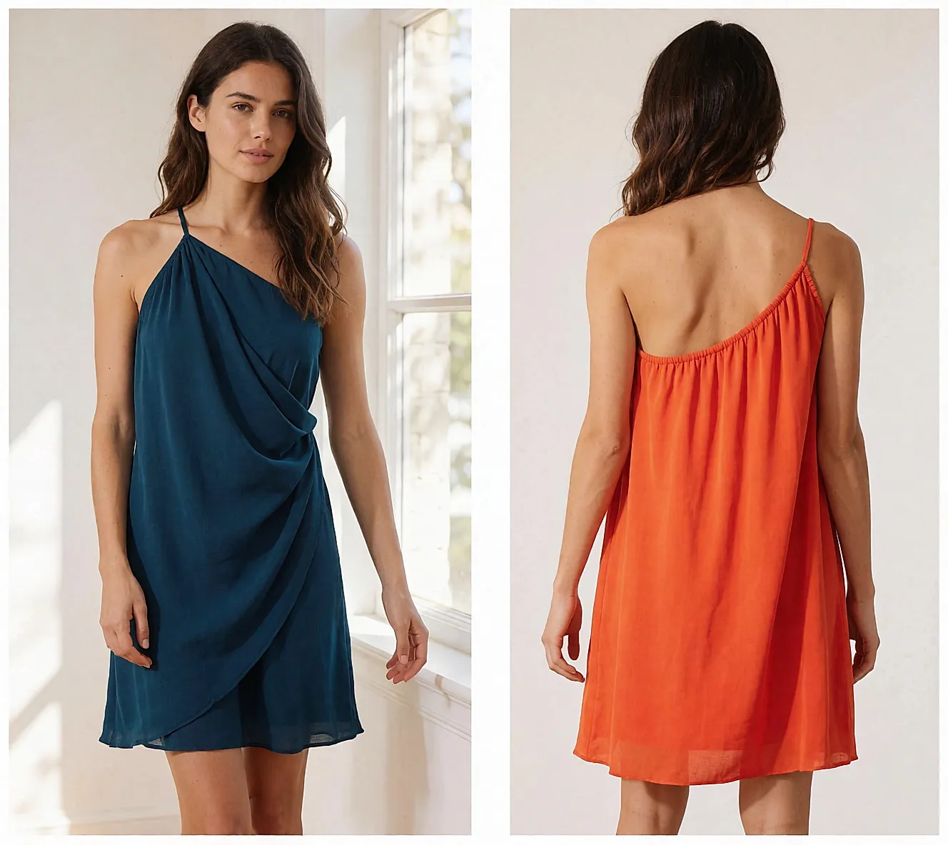 Vestido longo assimétrico cache-coeur em viscose fluida, usado junto a uma janela em casa