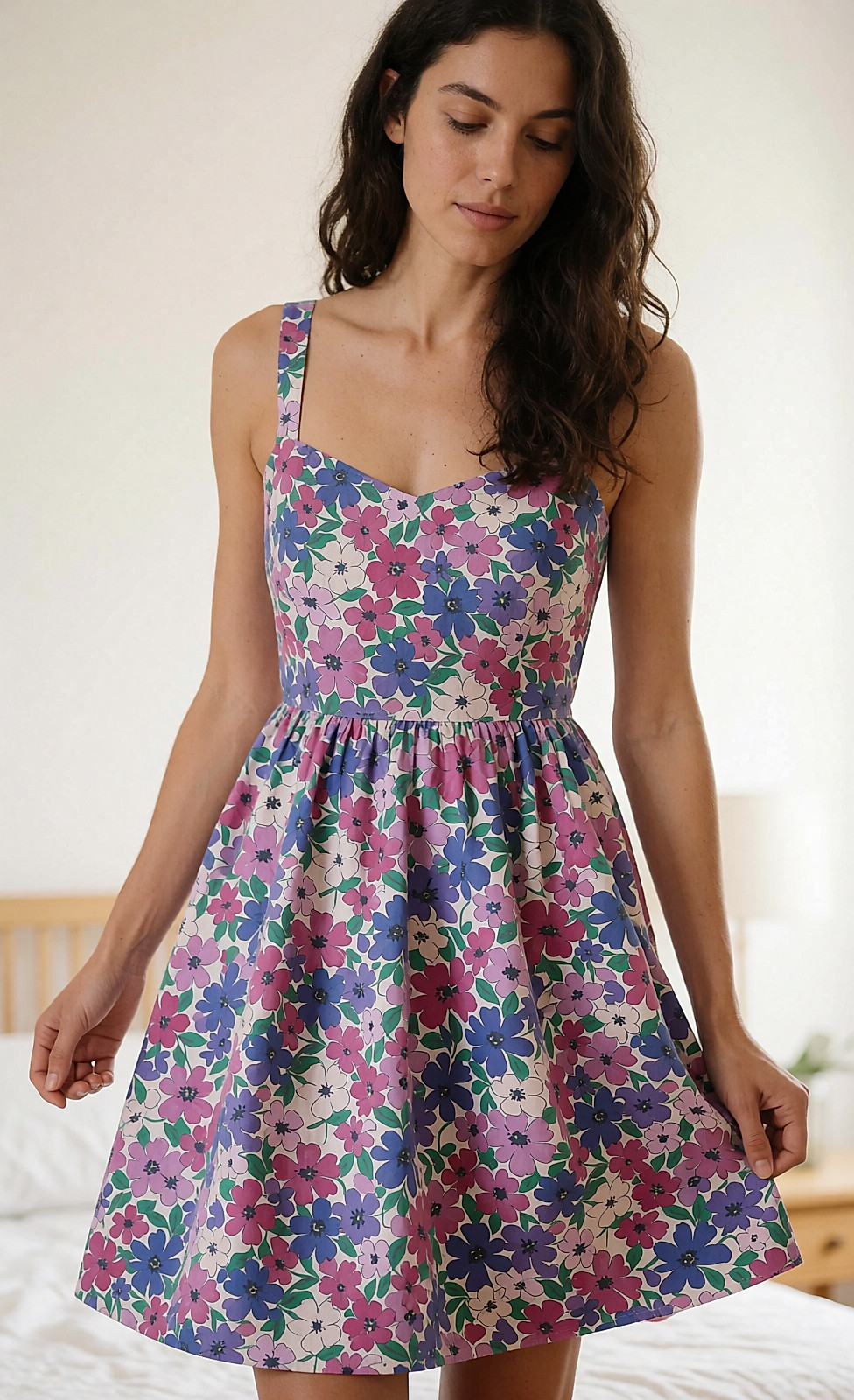 Robe courte imprimé floral en popeline de coton, essayée devant un miroir de chambre