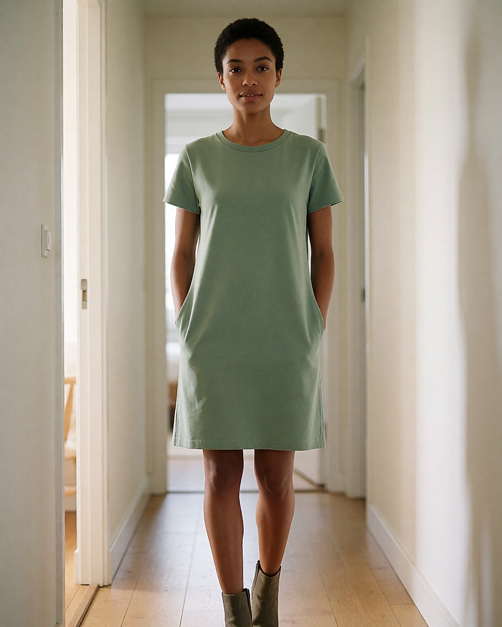 Robe t-shirt droite en jersey de coton bio vert sauge, mains dans les poches