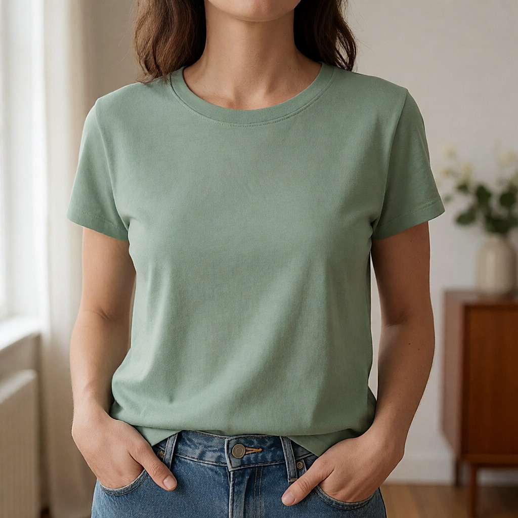 Vestido t-shirt direito em jersey de algodão biológico verde-salva, mãos nos bolsos