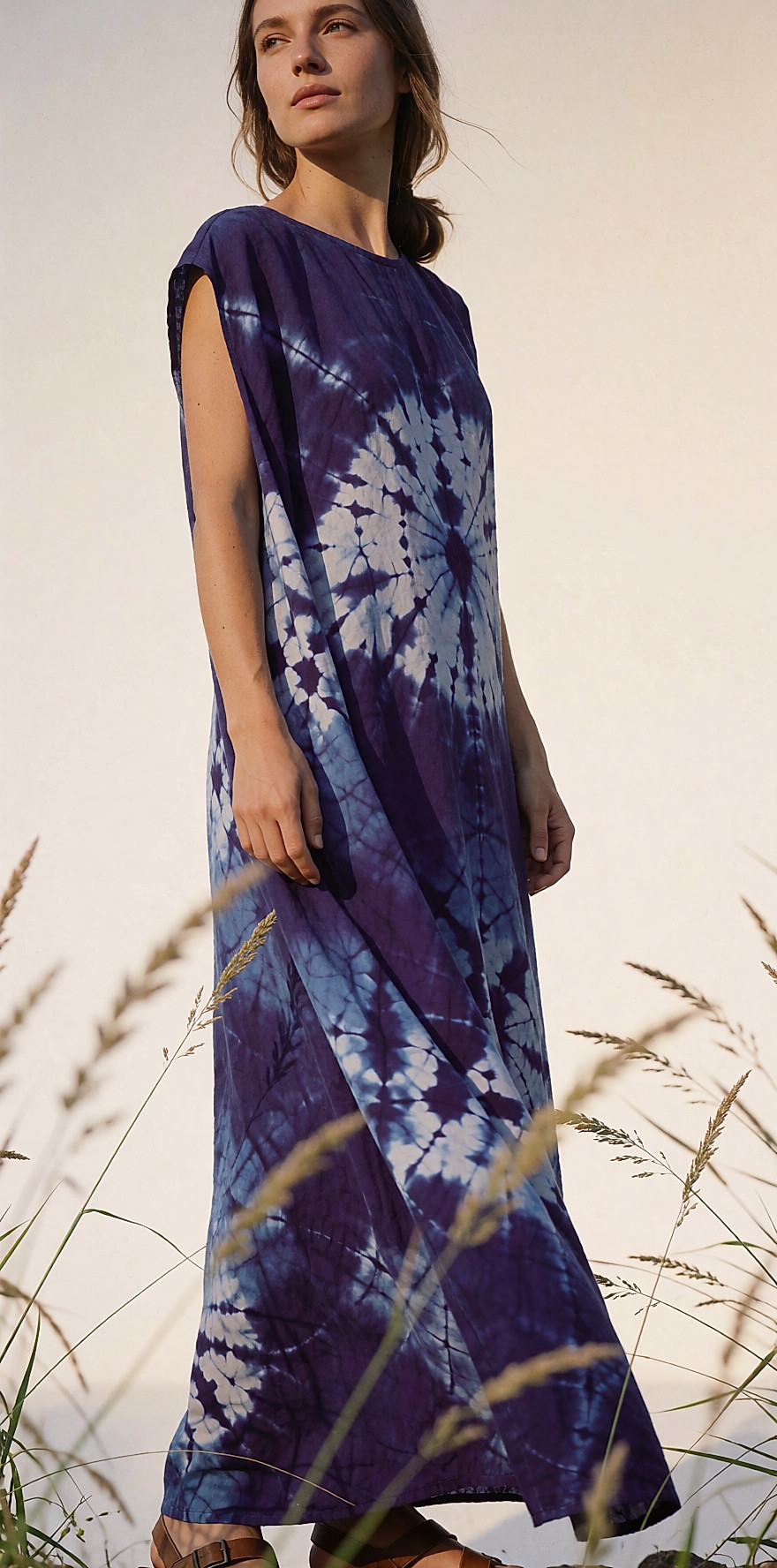 Robe cape longue en coton tie & dye portée dans un jardin de hautes herbes