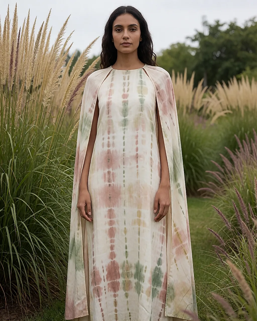 Vestido longo tipo capa em algodão tie & dye, usado num jardim de ervas altas