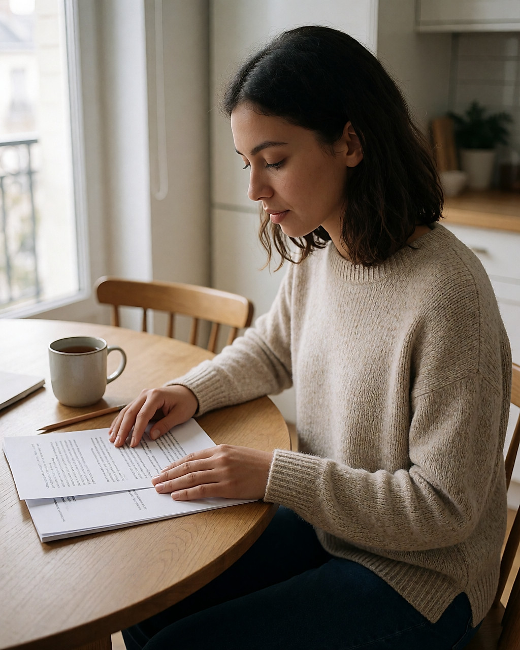 Jeune femme métissée lisant des documents imprimés à une table en bois, près d'une fenêtre, tasse de thé à côté