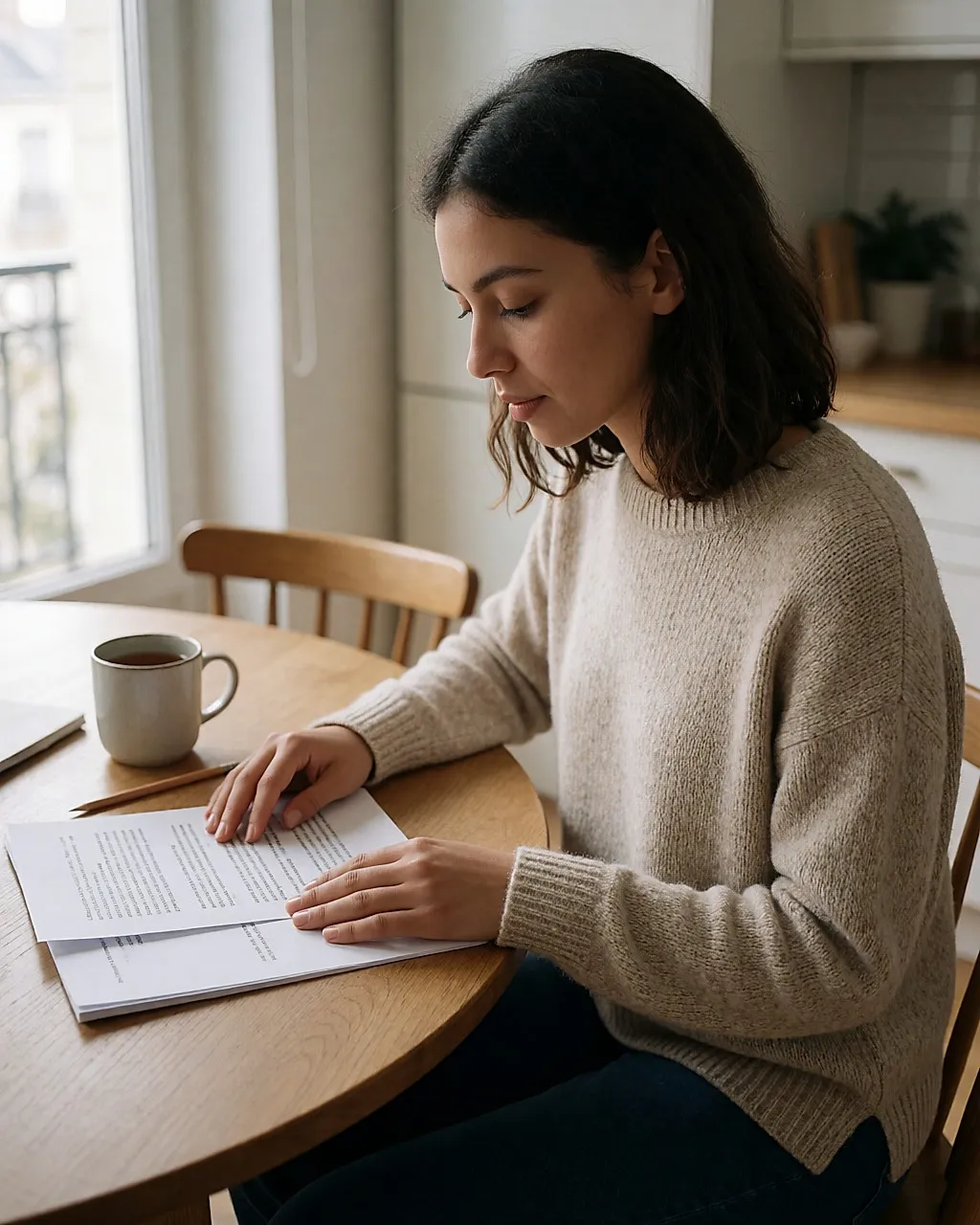 Mujer joven mestiza leyendo documentos impresos en una mesa de madera, junto a una ventana, con una taza de té al lado