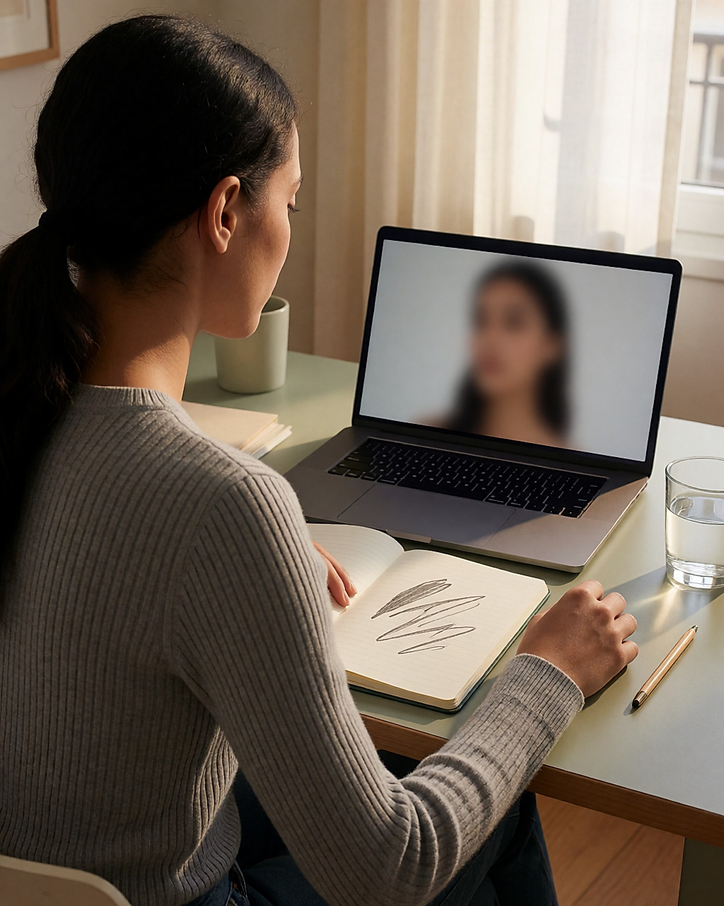 Jeune femme devant son ordinateur portable lors d'une séance de coaching en visioconférence, vue par-dessus l'épaule