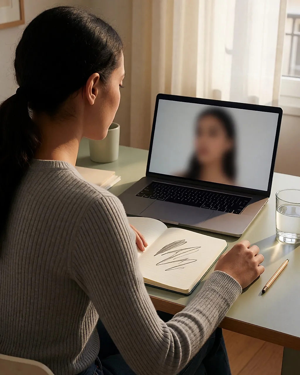 Mujer joven frente a su portátil durante una sesión de coaching por videoconferencia, vista por encima del hombro