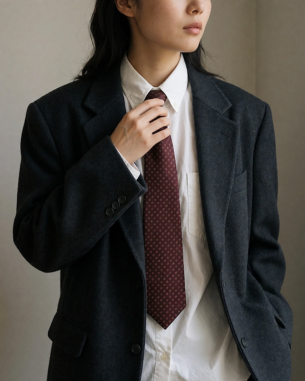 Jeune femme en blazer de laine oversize et cravate vintage en soie imprimée sur une chemise blanche