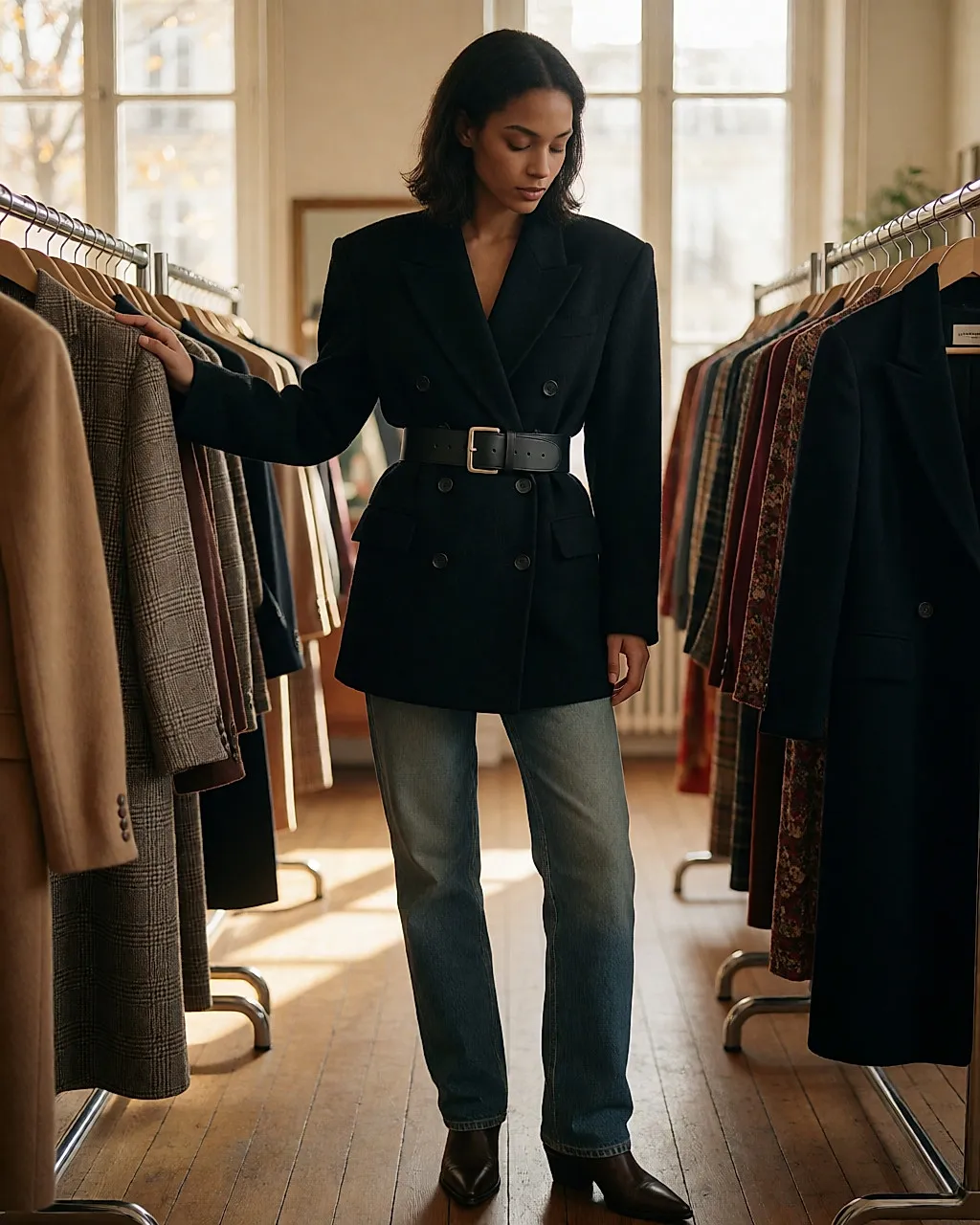 Getragene 80er-Silhouette: schwarzer Blazer mit strukturierten Schultern, breiter Ledergürtel und gerade Jeans