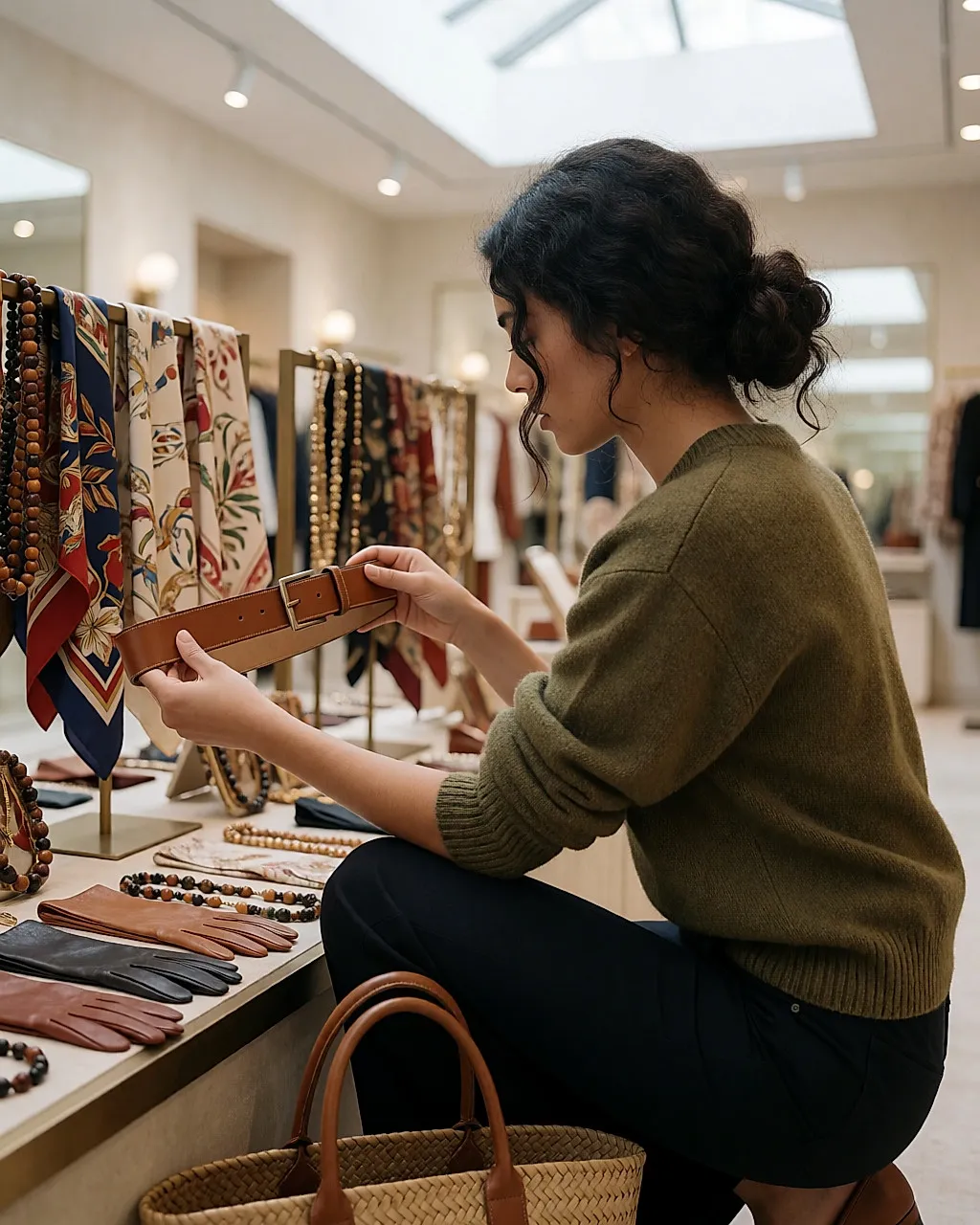 Junge Frau kauert vor einem Tisch mit Vintage-Accessoires und prüft einen Ledergürtel