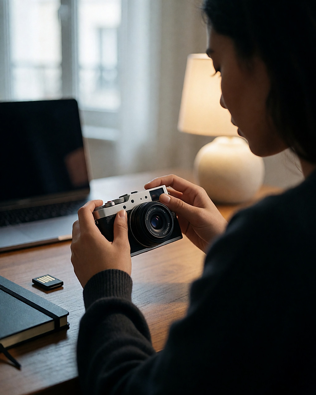 Jeune femme latina réglant les molettes manuelles de son appareil photo, carte mémoire posée sur la table