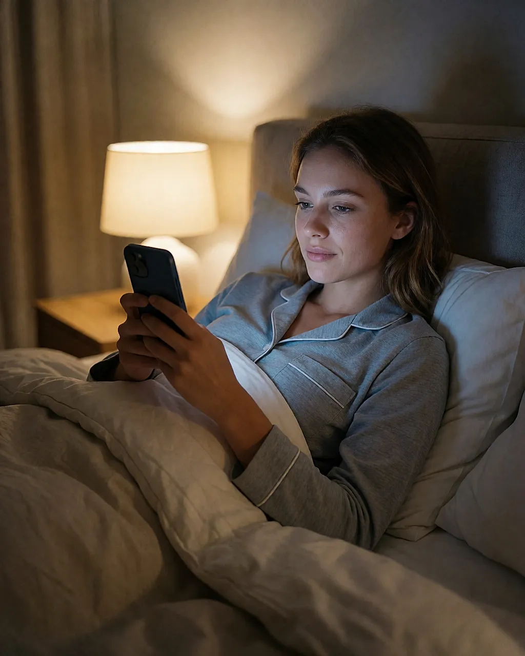 Junge Frau nachts im Bett, Gesicht vom kalten Licht des Smartphones erhellt, warme Lampe im Hintergrund